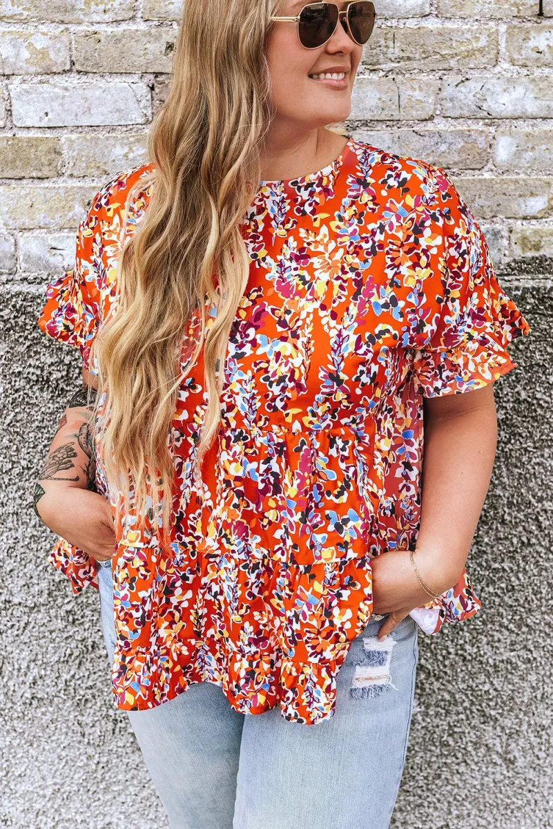 Orange Floral Ruffled Plus Size Babydoll Blouse