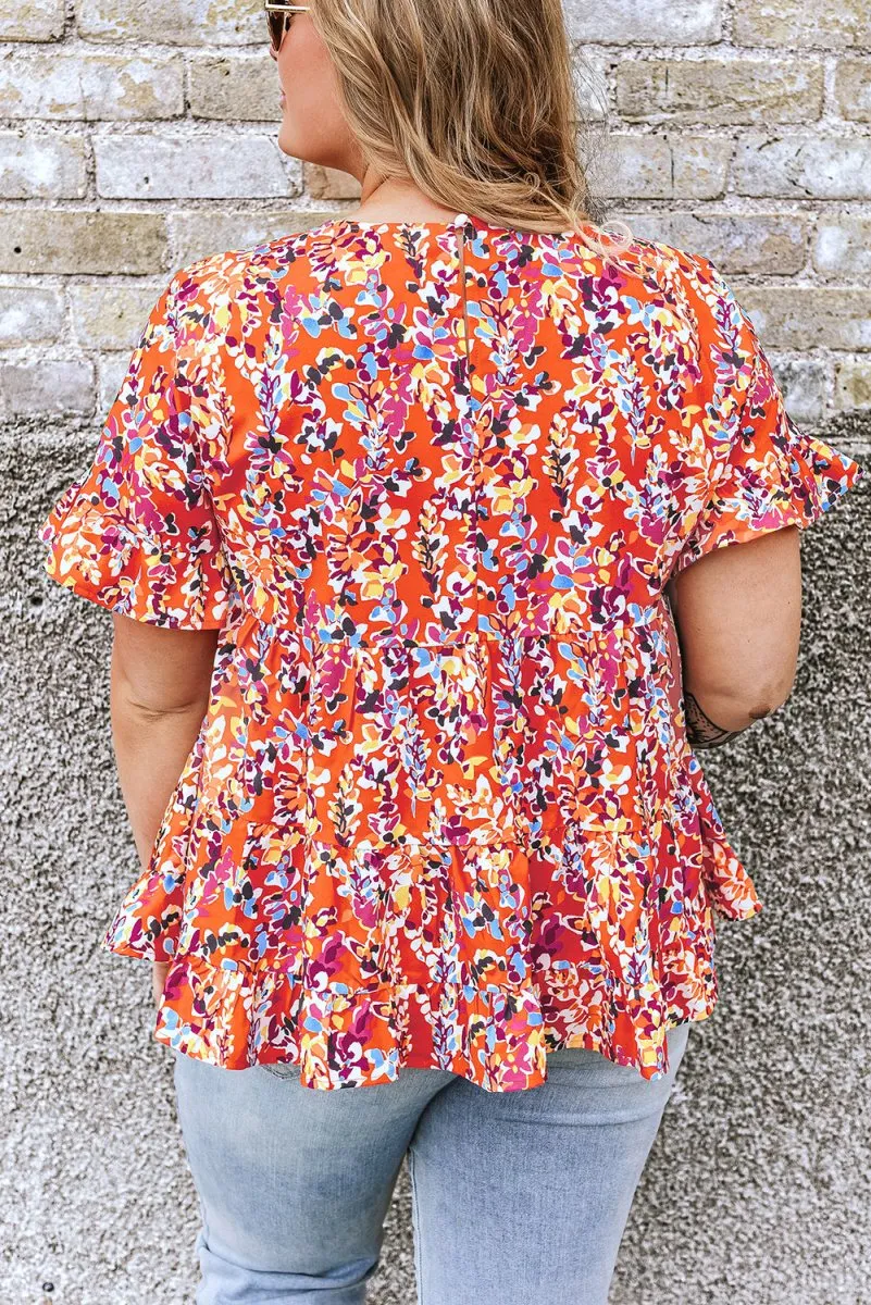 Orange Floral Ruffled Plus Size Babydoll Blouse