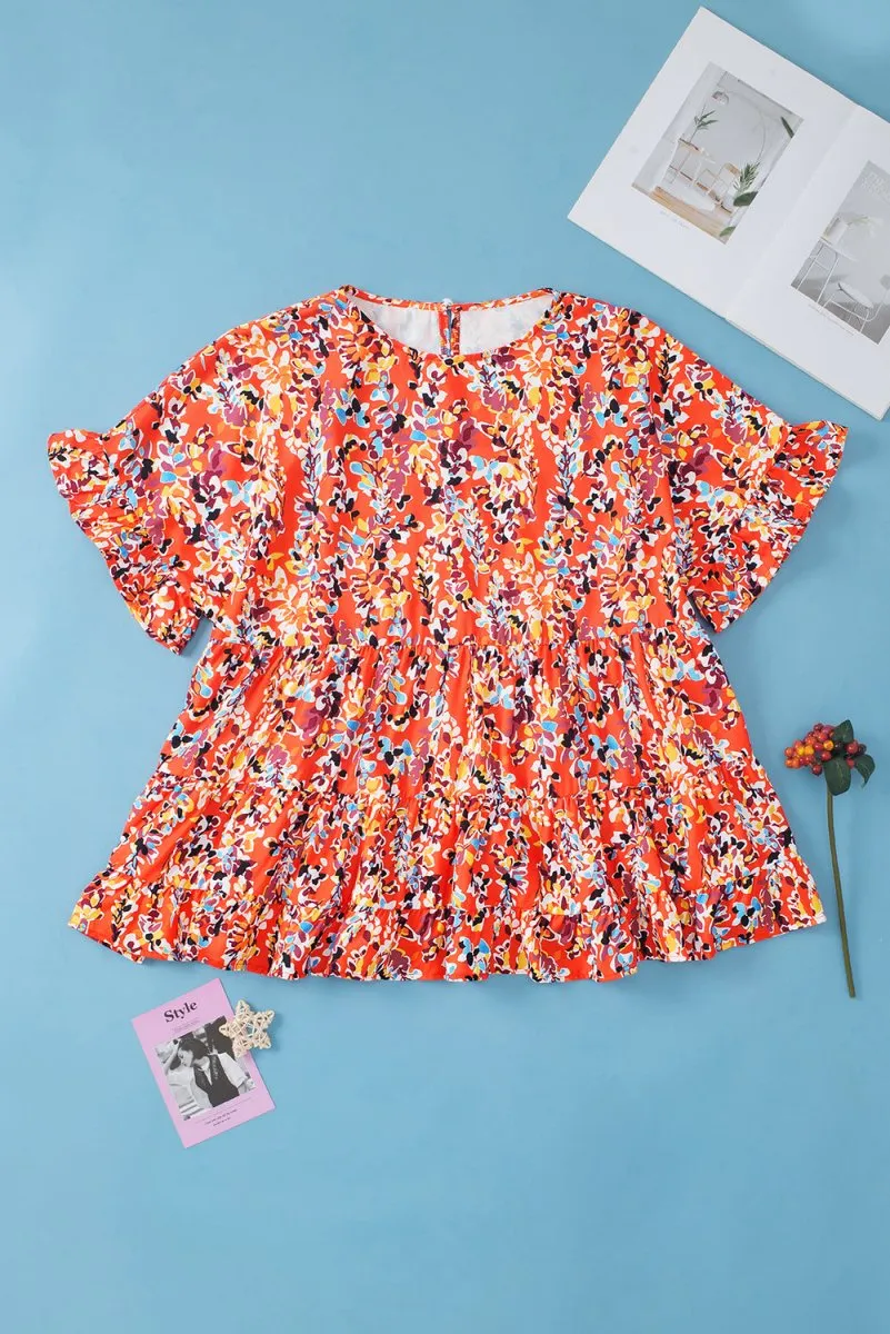 Orange Floral Ruffled Plus Size Babydoll Blouse