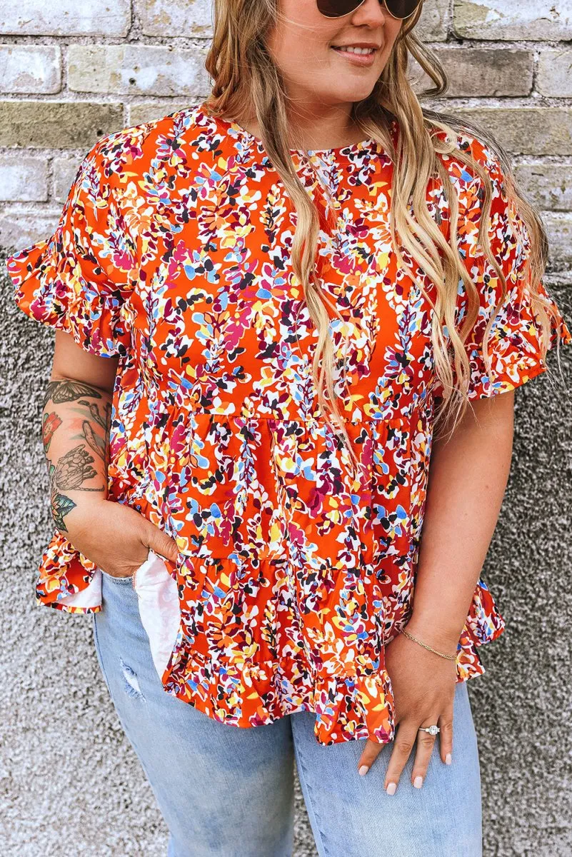 Orange Floral Ruffled Plus Size Babydoll Blouse