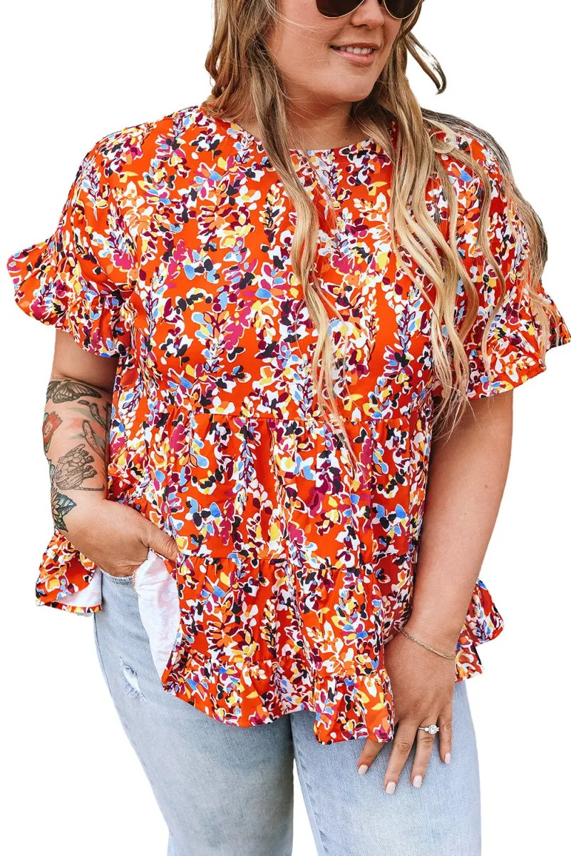 Orange Floral Ruffled Plus Size Babydoll Blouse