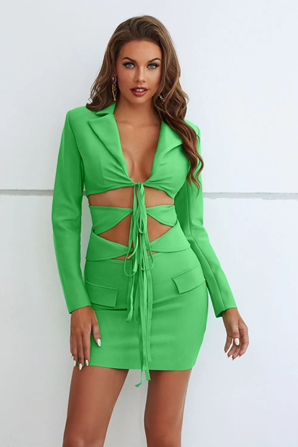 Outfit Set Skirt And Top 2 Piece New Women's Fashion  Cutout Tied Blazer and Mini Skirt Set