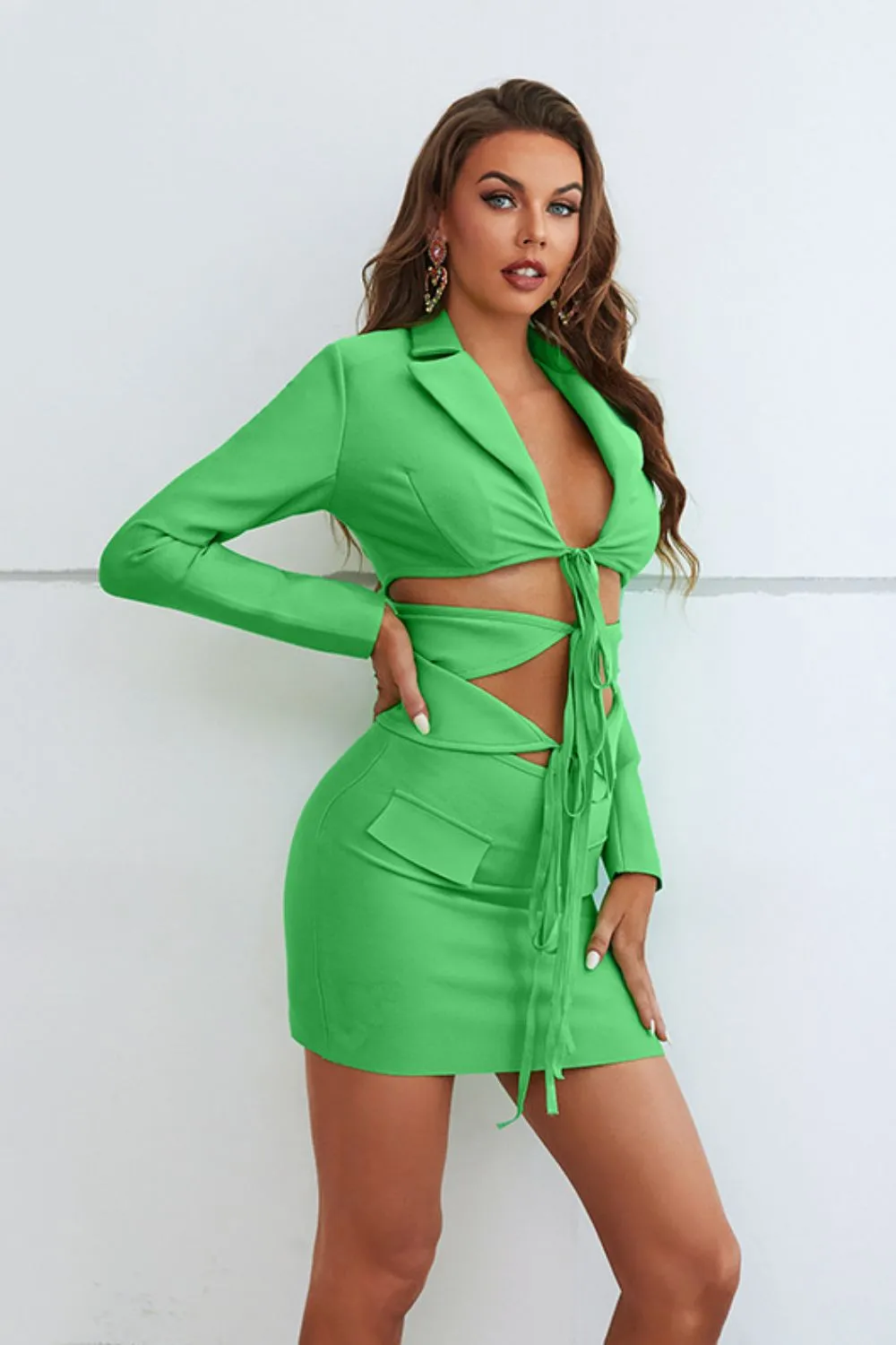 Outfit Set Skirt And Top 2 Piece New Women's Fashion  Cutout Tied Blazer and Mini Skirt Set