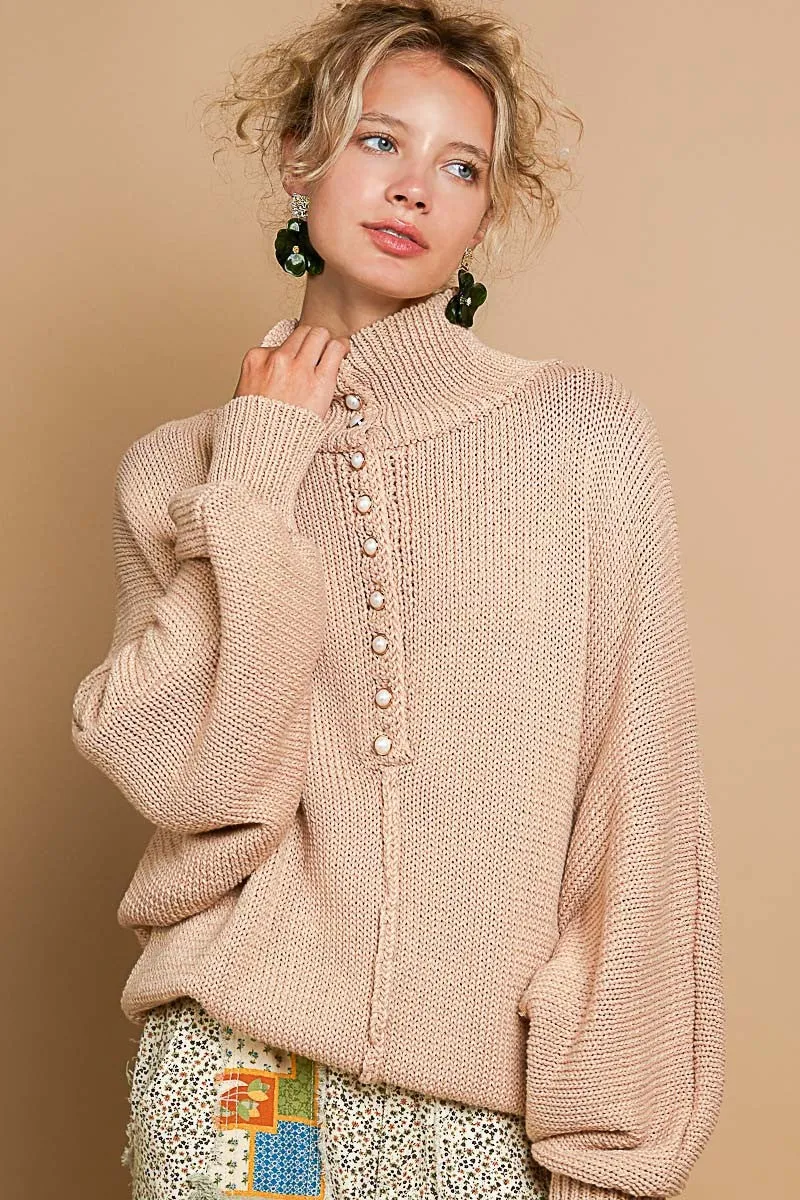 Pearl Detail Turtleneck Long Sleeve Sweater