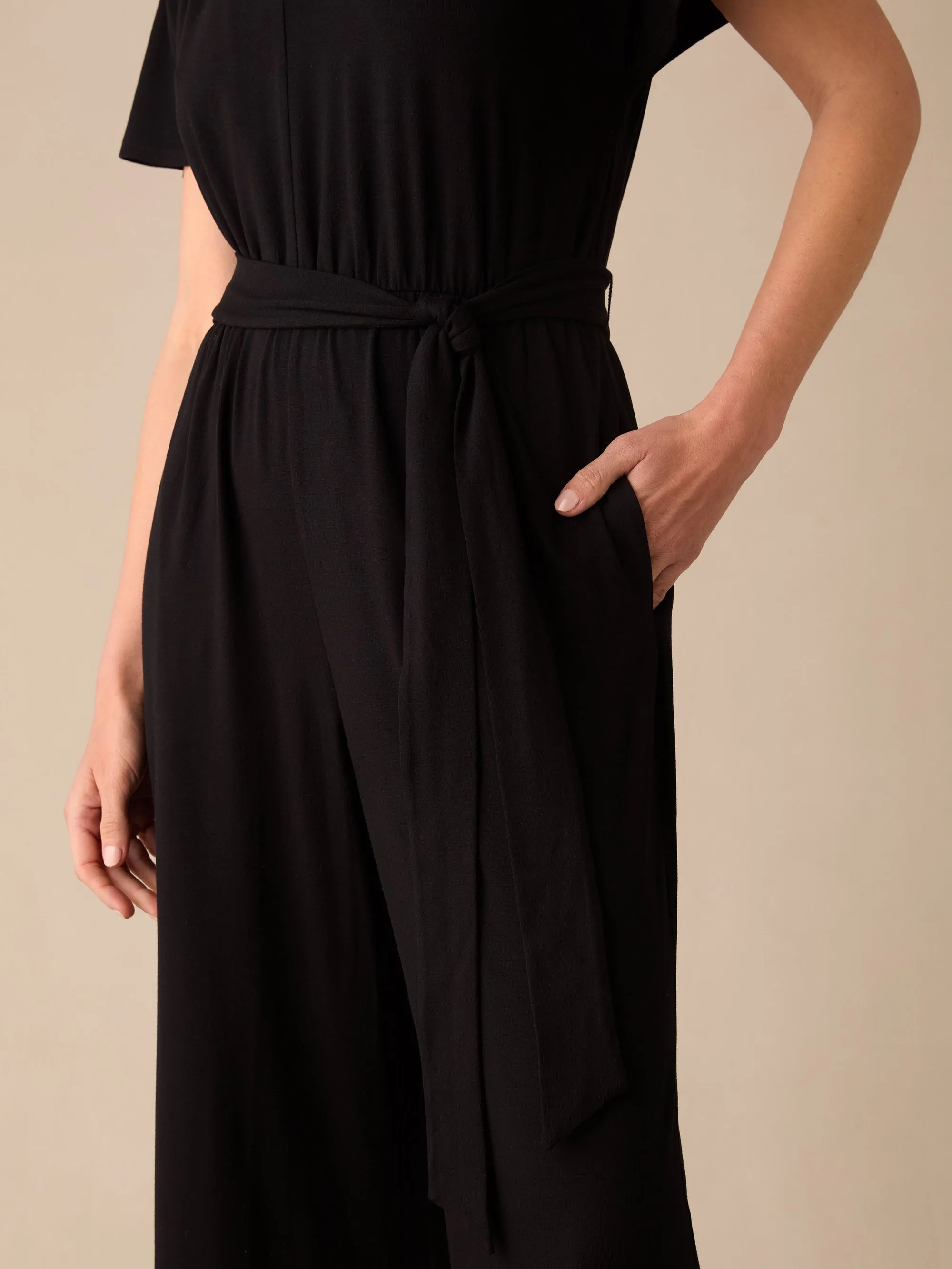 Petite Black Jersey Tie Belt Jumpsuit