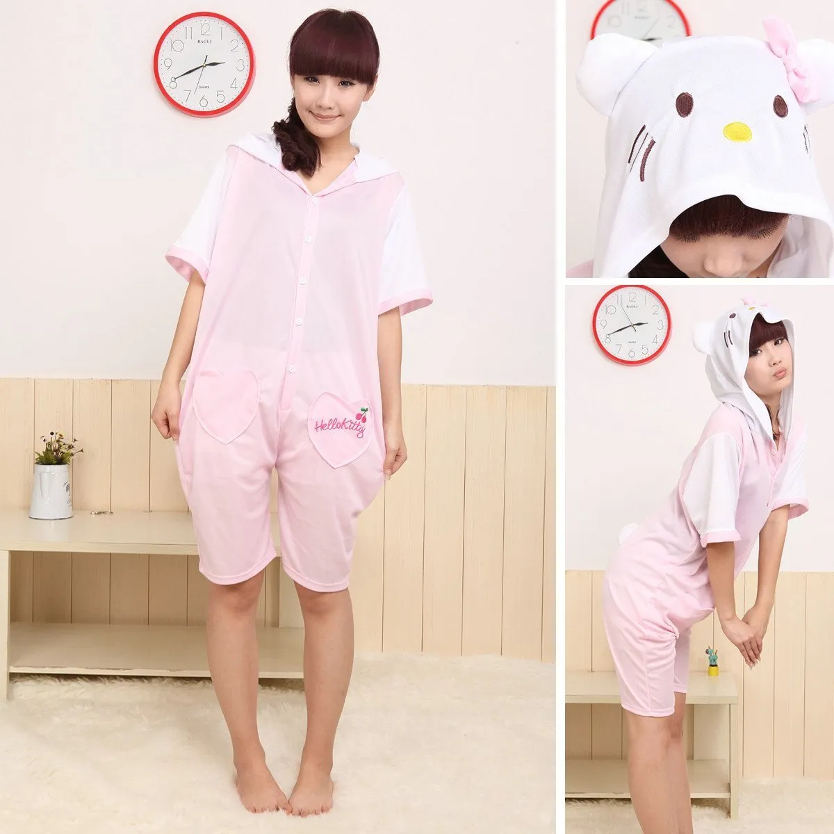 Pink HKT Cat Kigurumi Onesies Pajamas Hoodie Costume Short