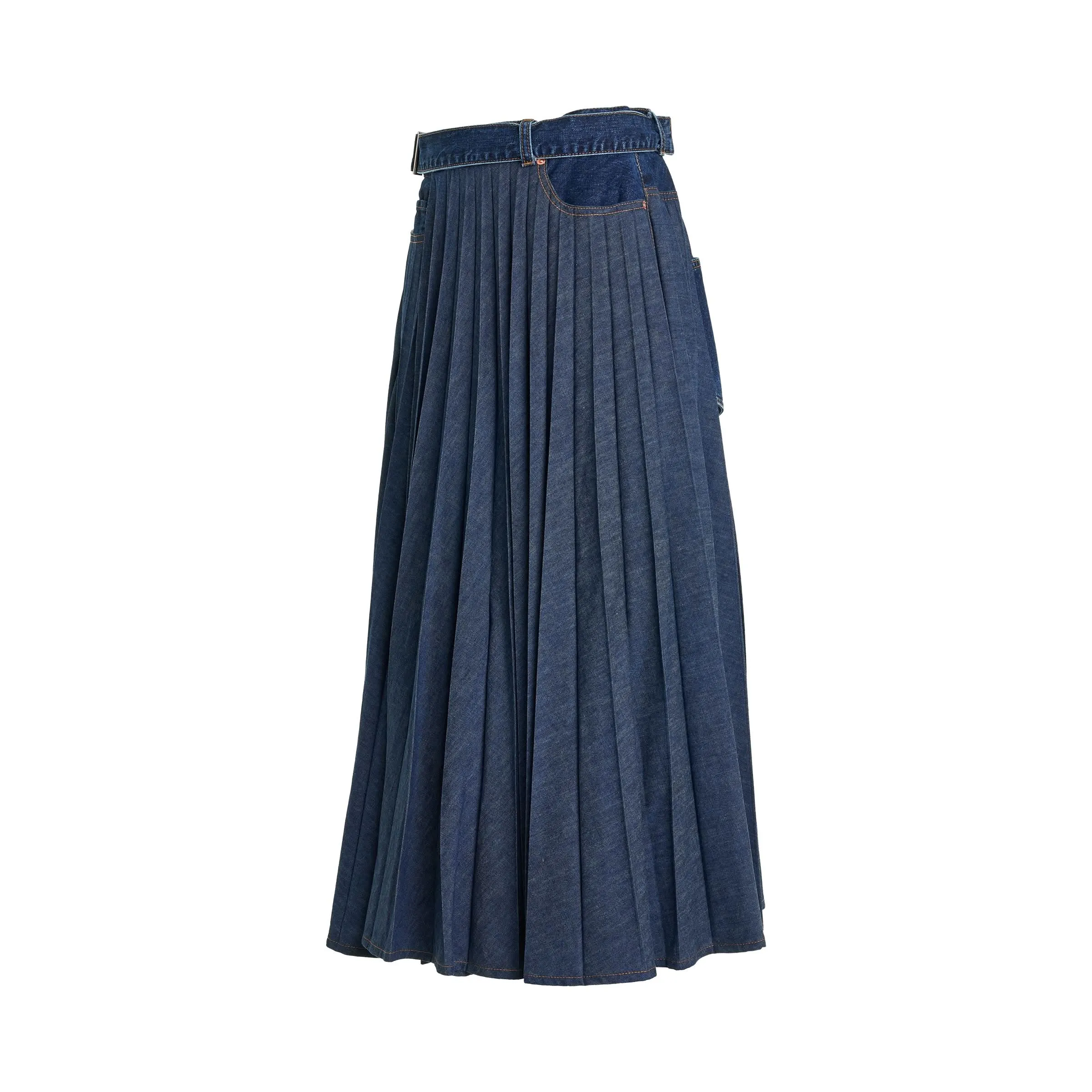 Pleated Denim Skirt in Blue