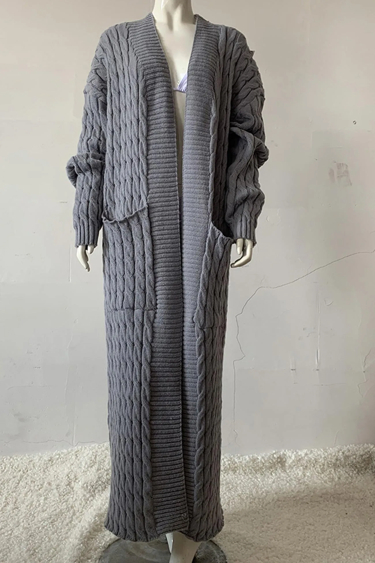 Pocketed Cable Knit Long Cardigan