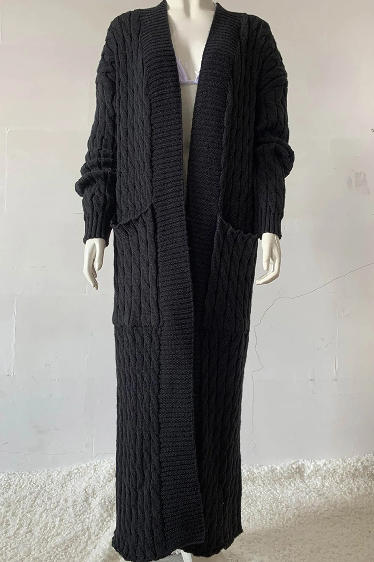 Pocketed Cable Knit Long Cardigan