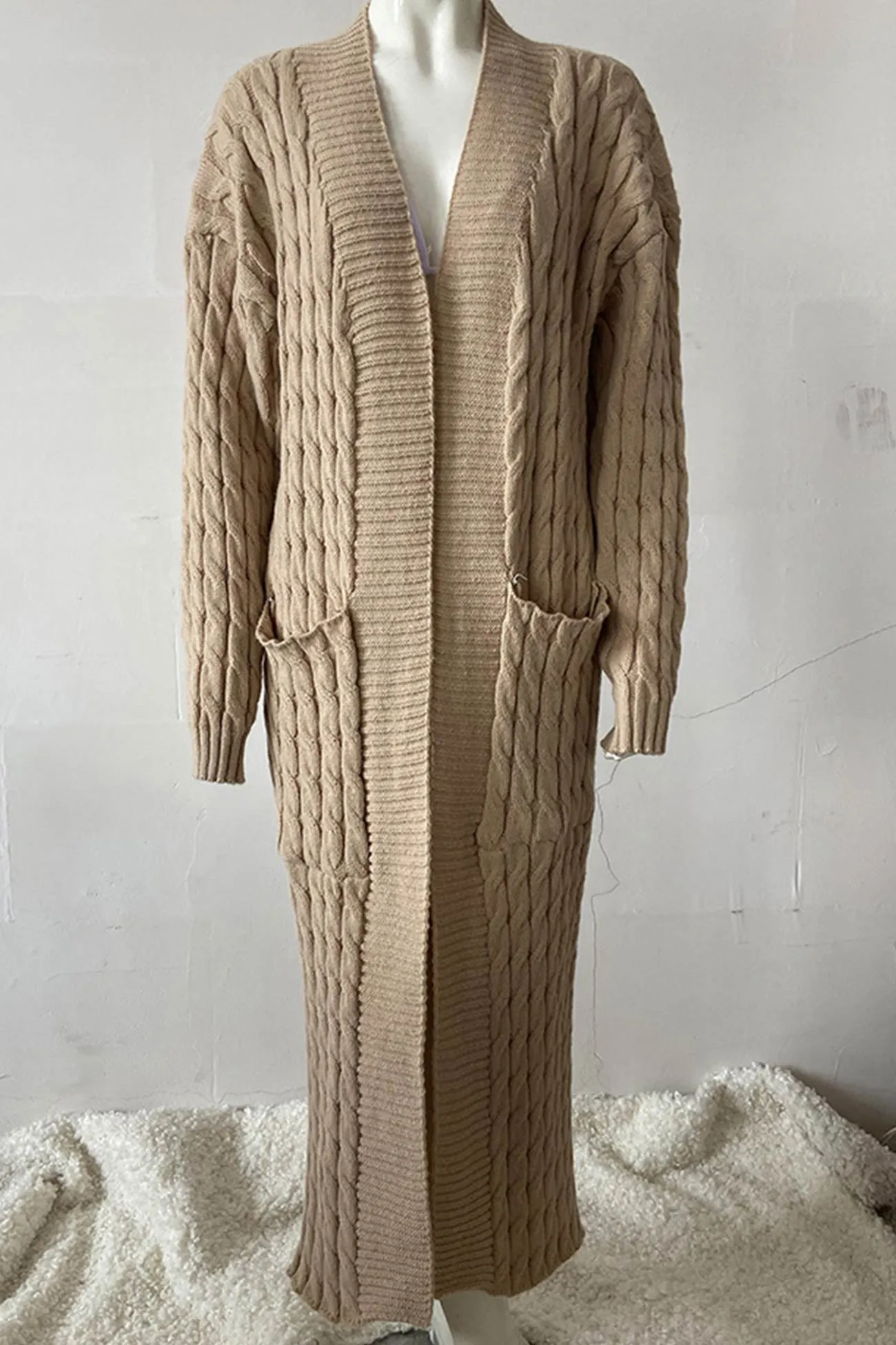 Pocketed Cable Knit Long Cardigan