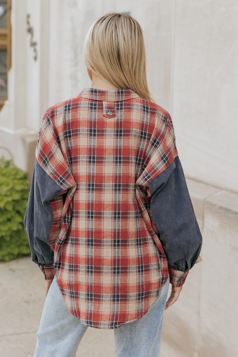 Red Plaid Color Block Button Down Shirt - FINAL SALE