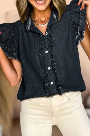 Ruffled Black Frayed Denim Top