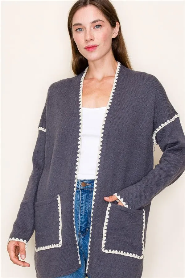 Scalloped Edging Charcoal Pocket Cardigans - 2 Colors!