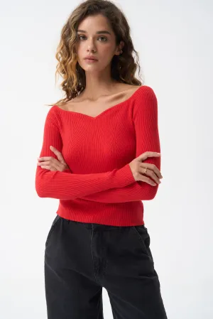 Spicy Red Sweetheart Neckline Ribbed knit Sweater