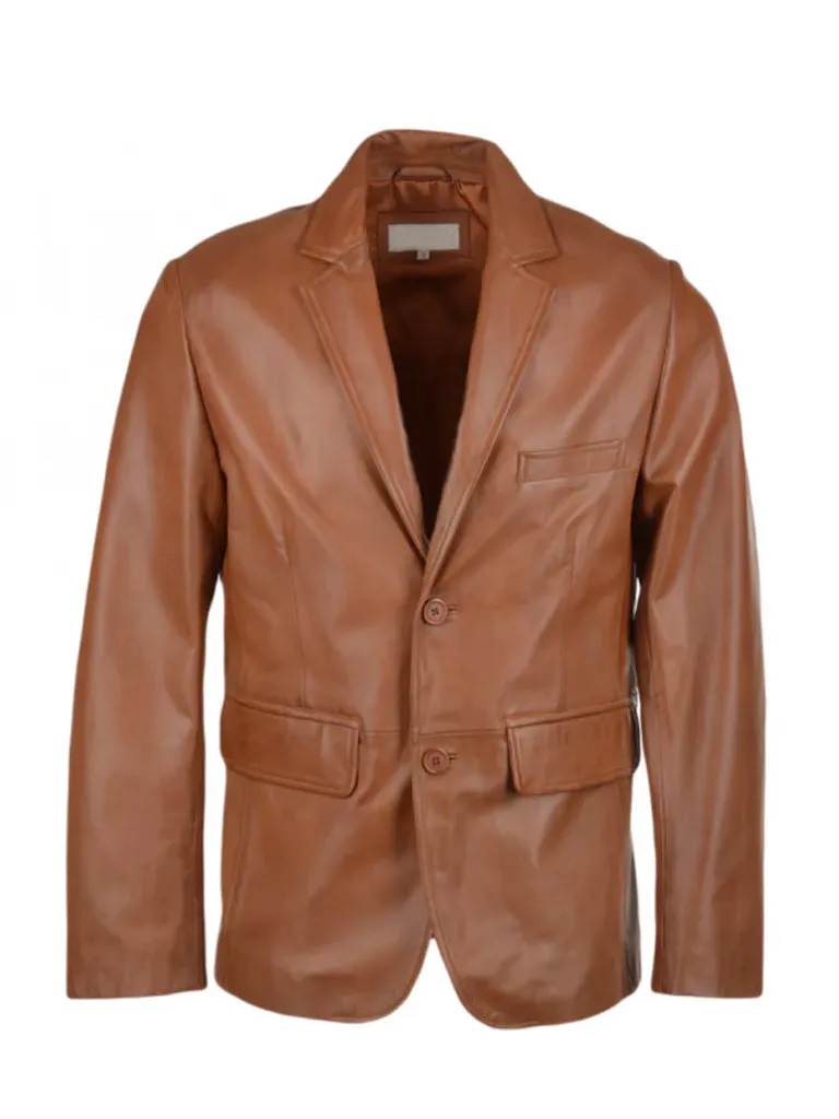 Tan Brown Notch Lapel Genuine Leather Blazer