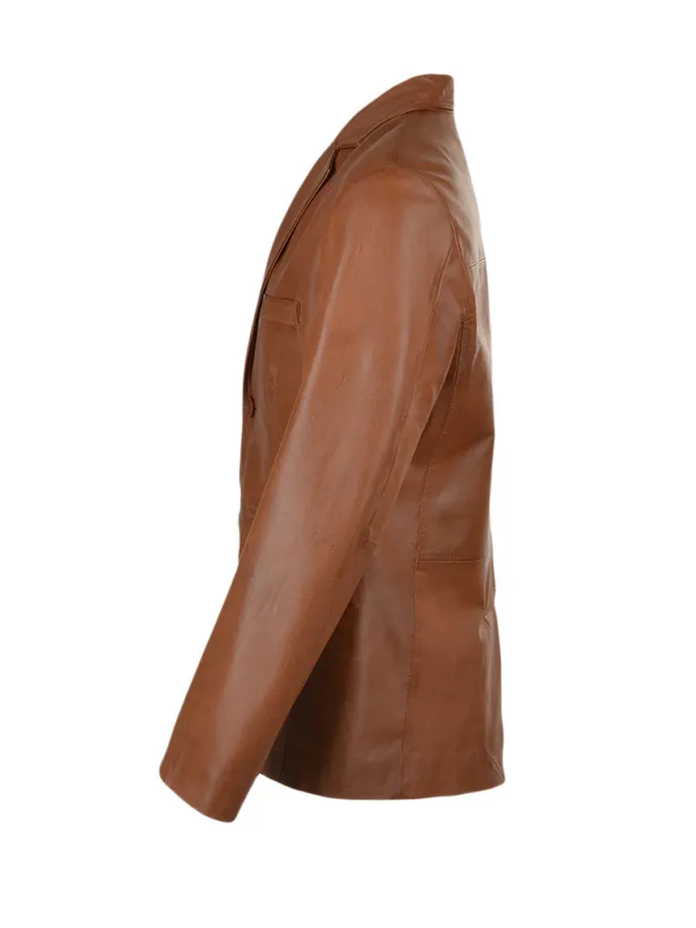 Tan Brown Notch Lapel Genuine Leather Blazer