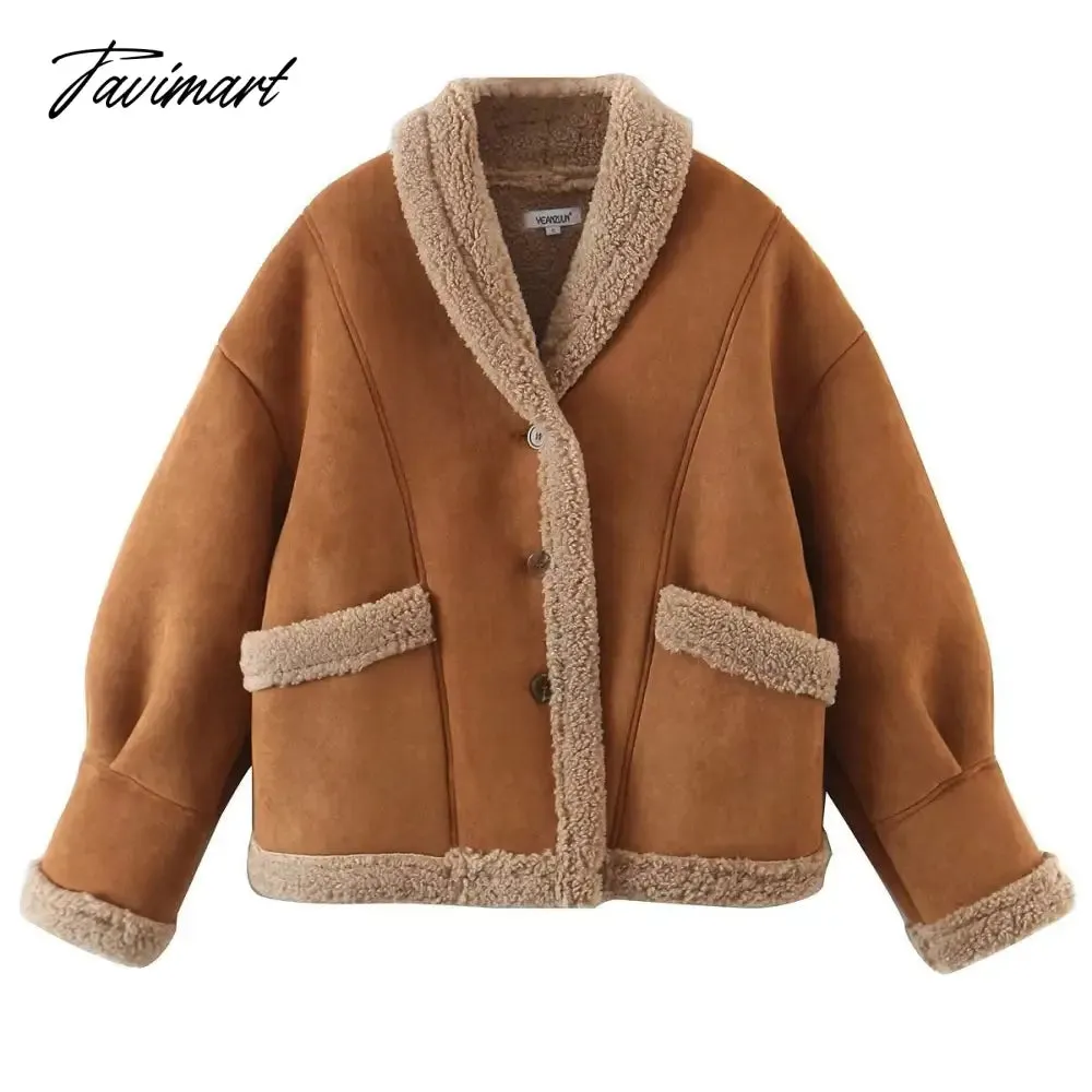 Tavimart  Autumn Retro Suede Long Sleeves Warm Coats Women New Loose Solid Color Jackets Streetwear Fashion Casual Casacos Mujer