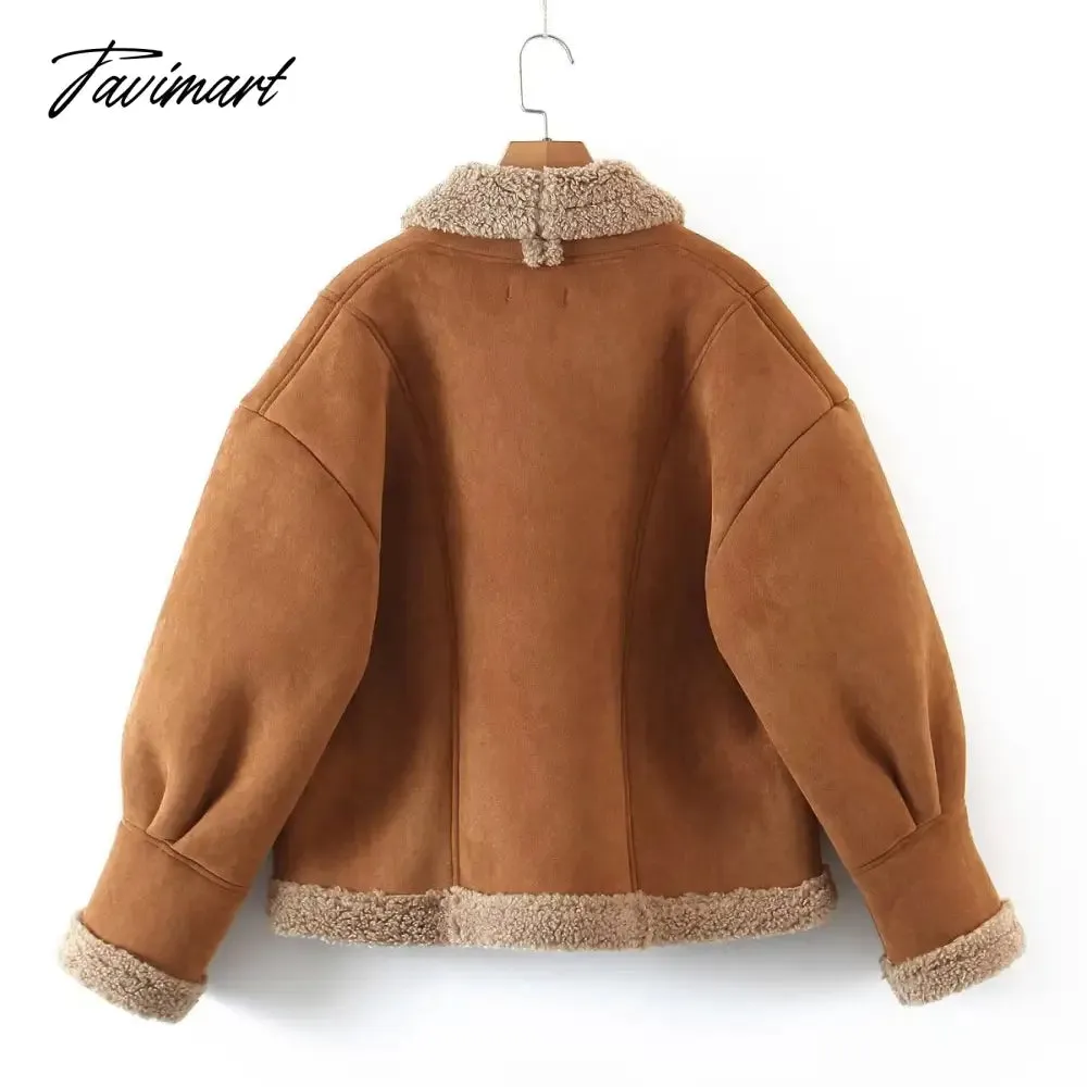 Tavimart  Autumn Retro Suede Long Sleeves Warm Coats Women New Loose Solid Color Jackets Streetwear Fashion Casual Casacos Mujer