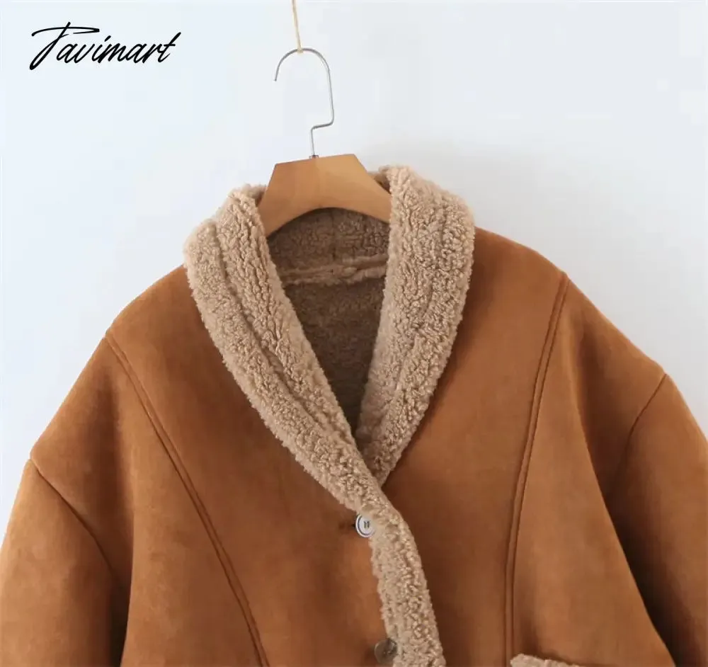 Tavimart  Autumn Retro Suede Long Sleeves Warm Coats Women New Loose Solid Color Jackets Streetwear Fashion Casual Casacos Mujer