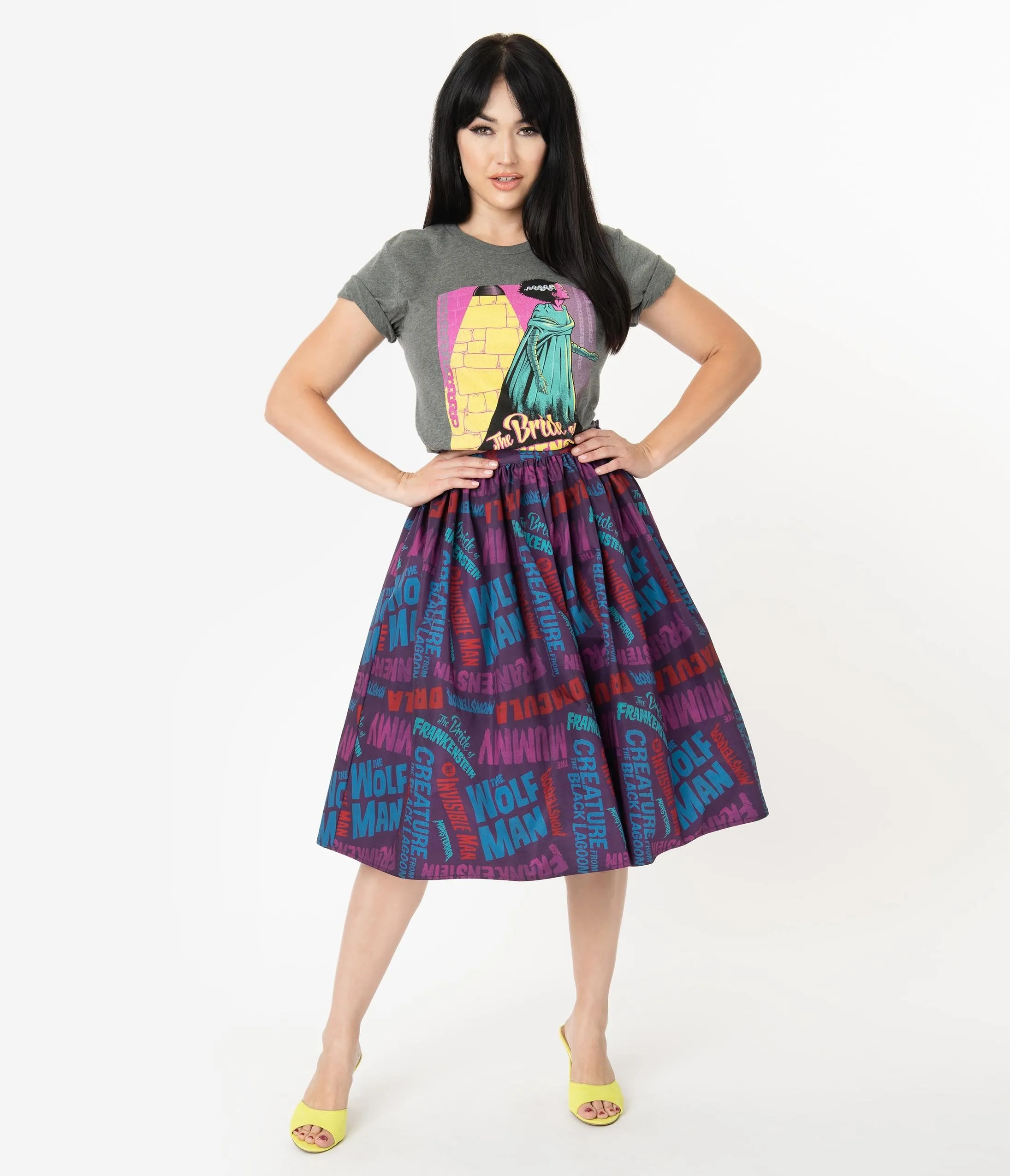 Universal Monsters x Unique Vintage Monster Movie Title Print Swing Skirt