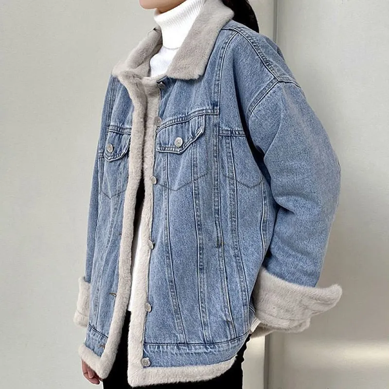 Winter Thicken Denim Jacket Women Loose Casual Warm Jeans Coats Street Wear Fur Collar Long Sleeves Female Clothes