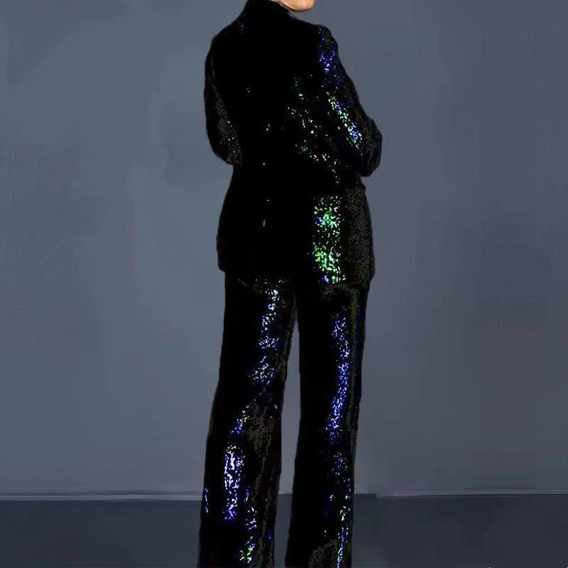 Women Sequins 2 Piece Blazer Pants Set