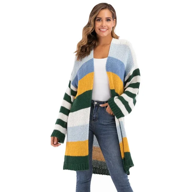 WOMEN Winter Coat Warm Cross Border Casual Long Joint Contrast Color Striped Oversize Knitted Sweater Cardigan Patched Outwear Coats