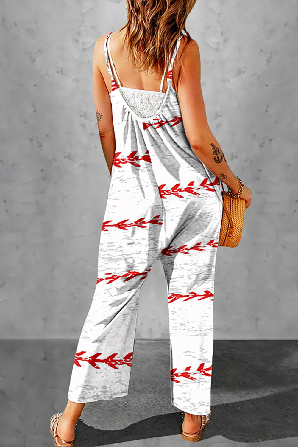 Women's Baseball Print Wide Leg Spaghetti Strap Jumpsuits