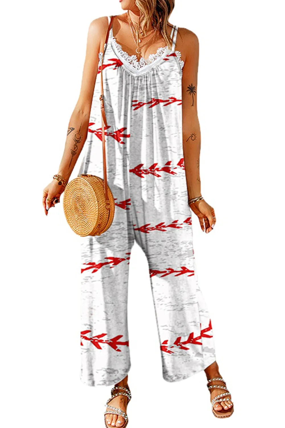 Women's Baseball Print Wide Leg Spaghetti Strap Jumpsuits