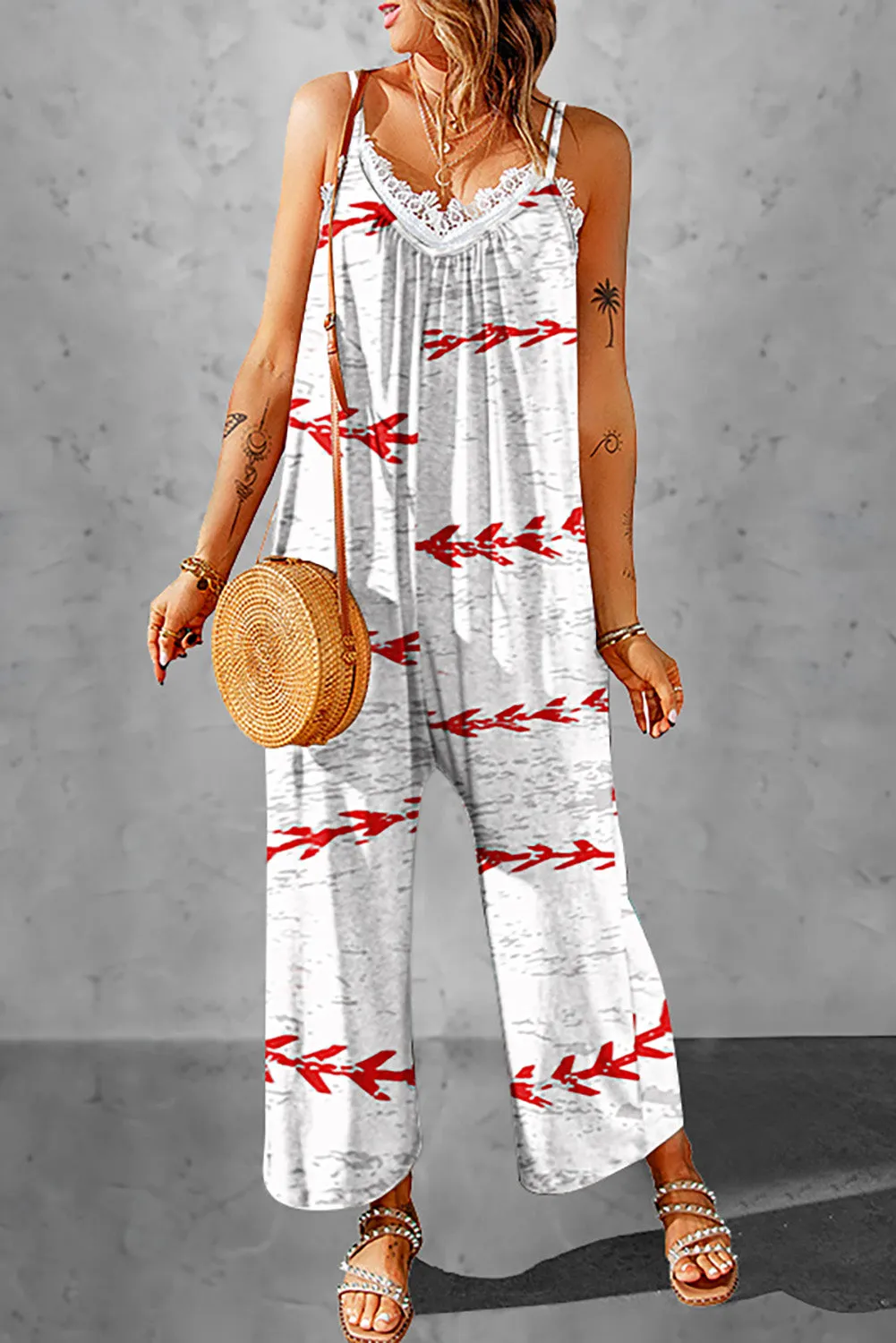 Women's Baseball Print Wide Leg Spaghetti Strap Jumpsuits