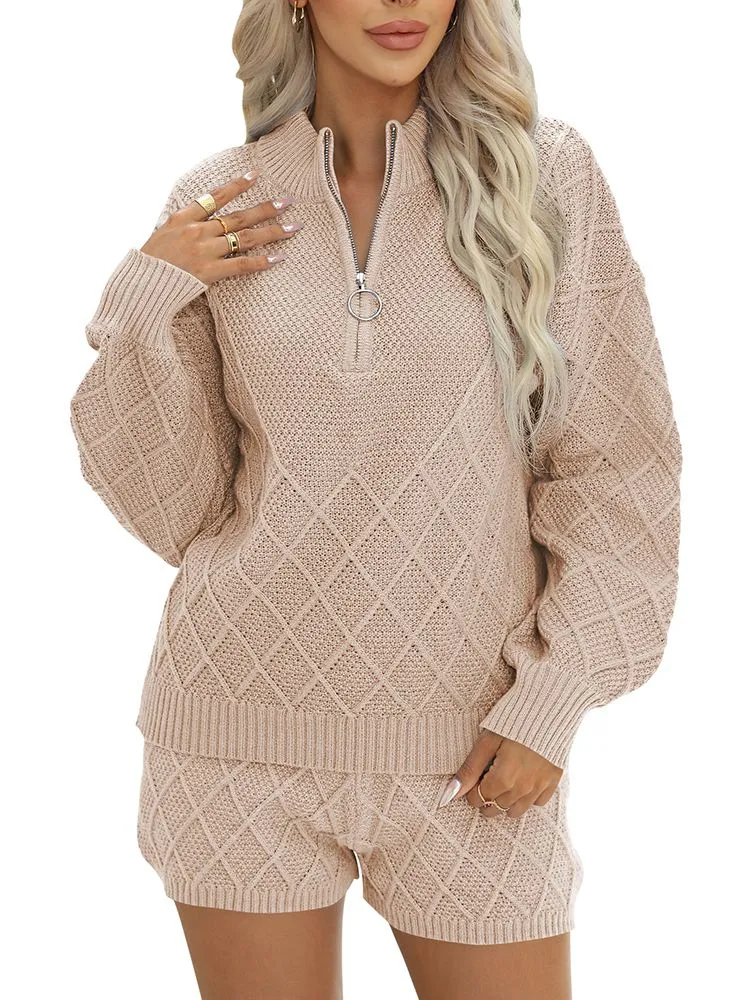 Women's Half Zip Cable Knit Pullover Top and Shorts Pant Lounge Sets