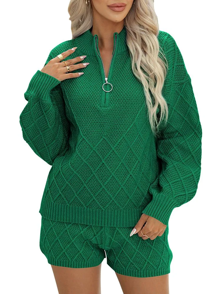 Women's Half Zip Cable Knit Pullover Top and Shorts Pant Lounge Sets