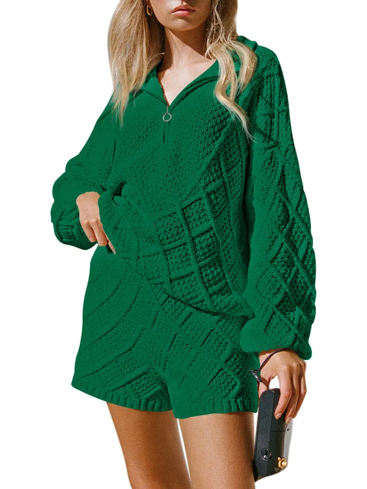 Women's Half Zip Cable Knit Pullover Top and Shorts Pant Lounge Sets