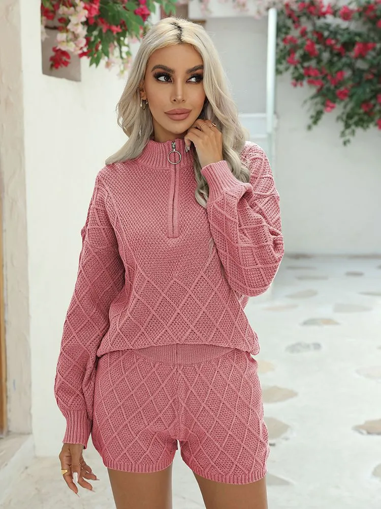 Women's Half Zip Cable Knit Pullover Top and Shorts Pant Lounge Sets