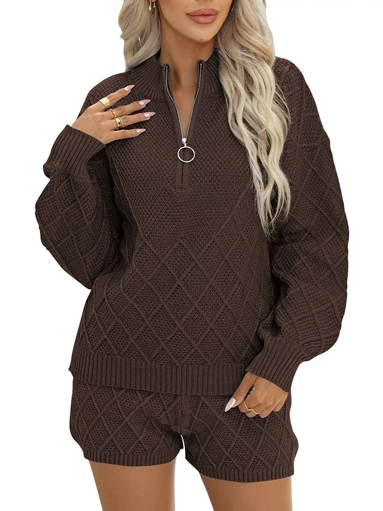 Women's Half Zip Cable Knit Pullover Top and Shorts Pant Lounge Sets