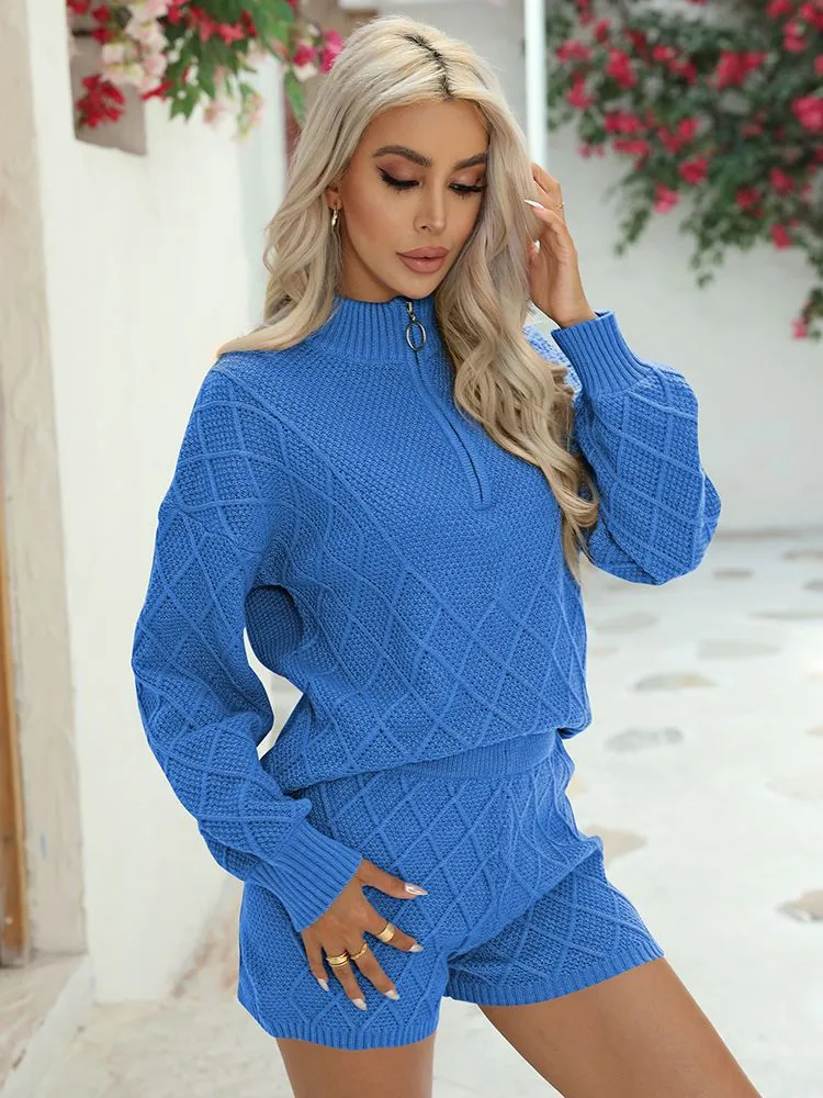 Women's Half Zip Cable Knit Pullover Top and Shorts Pant Lounge Sets