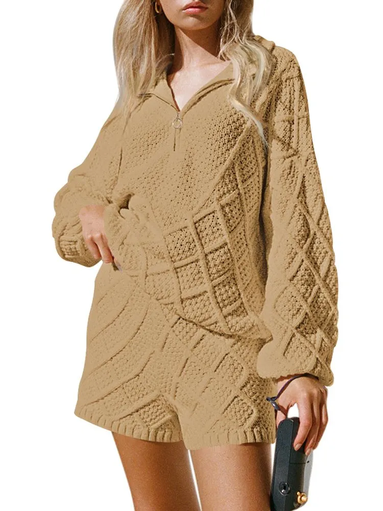 Women's Half Zip Cable Knit Pullover Top and Shorts Pant Lounge Sets