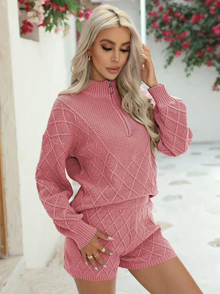 Women's Half Zip Cable Knit Pullover Top and Shorts Pant Lounge Sets