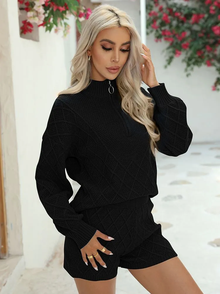 Women's Half Zip Cable Knit Pullover Top and Shorts Pant Lounge Sets