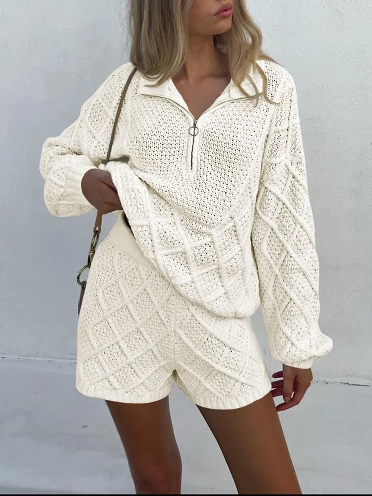 Women's Half Zip Cable Knit Pullover Top and Shorts Pant Lounge Sets