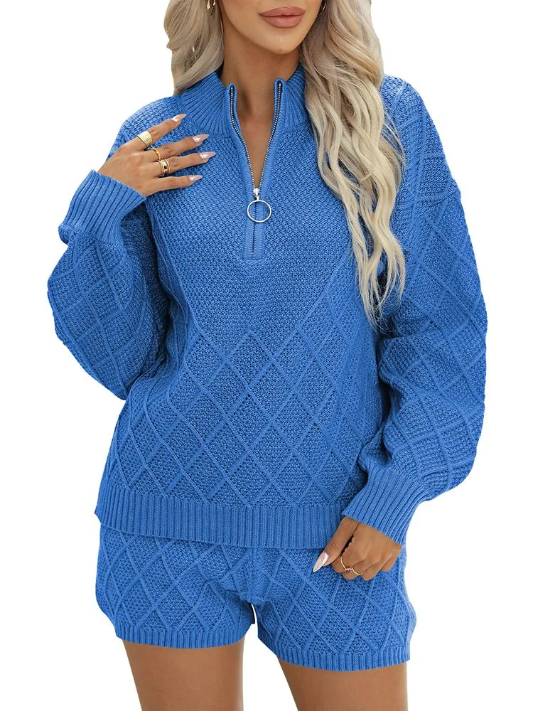 Women's Half Zip Cable Knit Pullover Top and Shorts Pant Lounge Sets