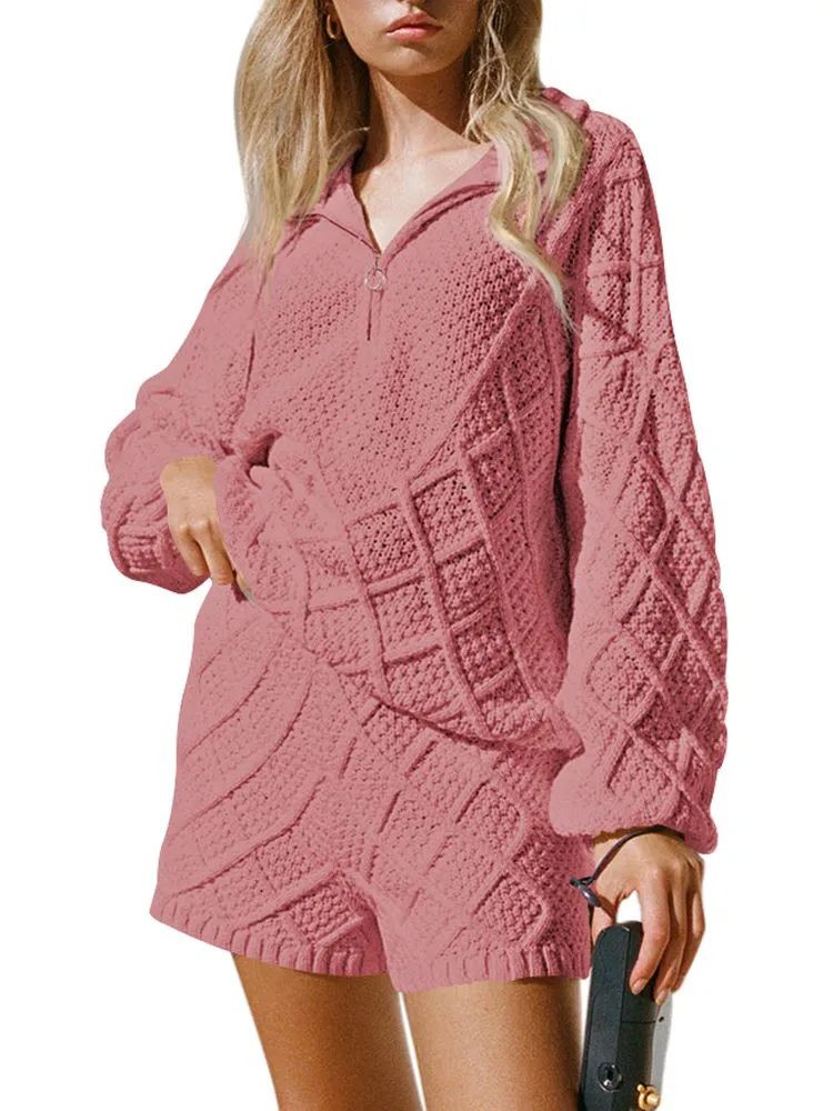 Women's Half Zip Cable Knit Pullover Top and Shorts Pant Lounge Sets