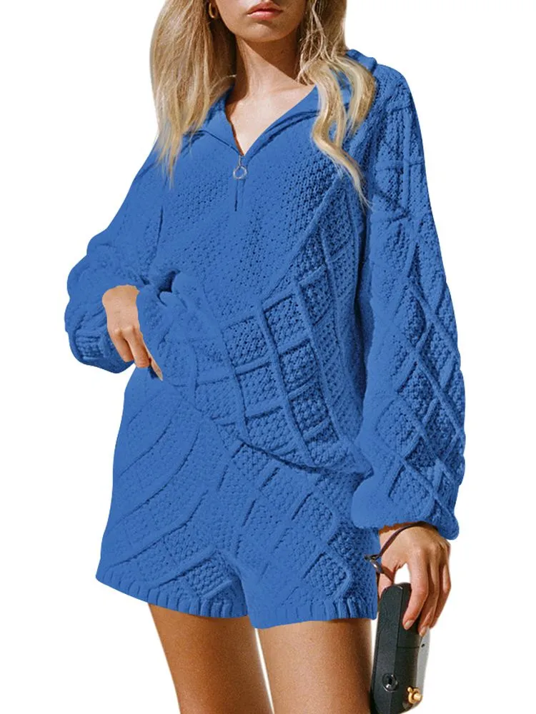 Women's Half Zip Cable Knit Pullover Top and Shorts Pant Lounge Sets