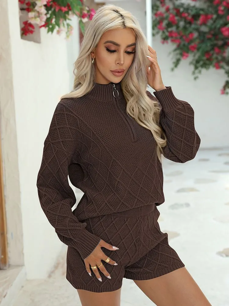 Women's Half Zip Cable Knit Pullover Top and Shorts Pant Lounge Sets