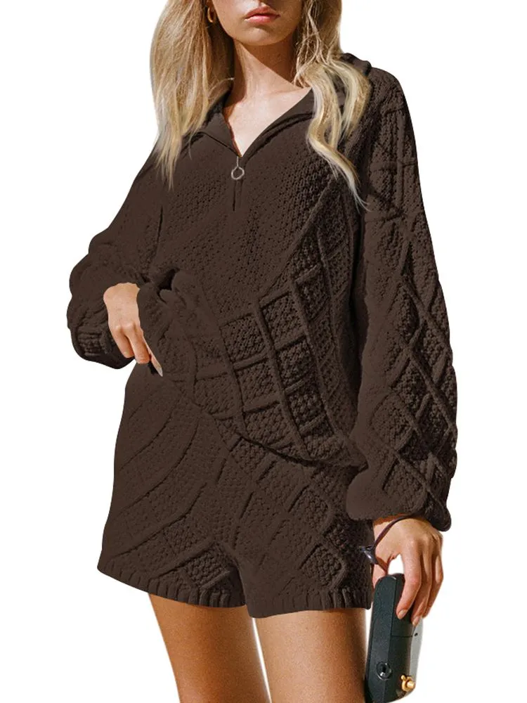 Women's Half Zip Cable Knit Pullover Top and Shorts Pant Lounge Sets