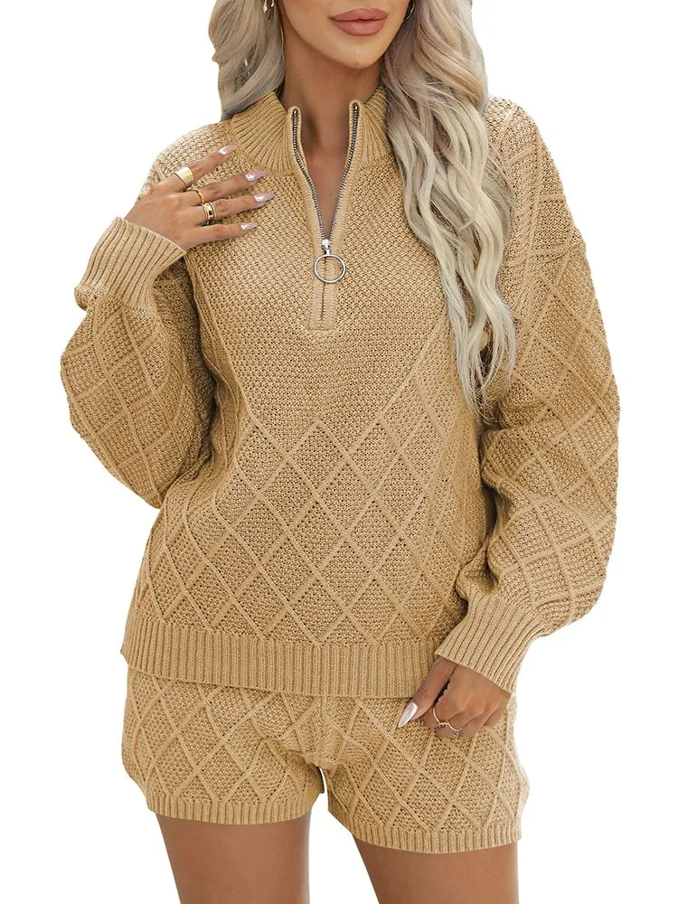 Women's Half Zip Cable Knit Pullover Top and Shorts Pant Lounge Sets