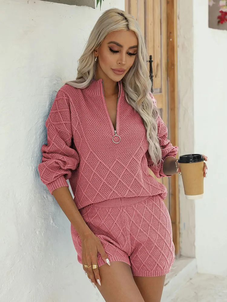 Women's Half Zip Cable Knit Pullover Top and Shorts Pant Lounge Sets