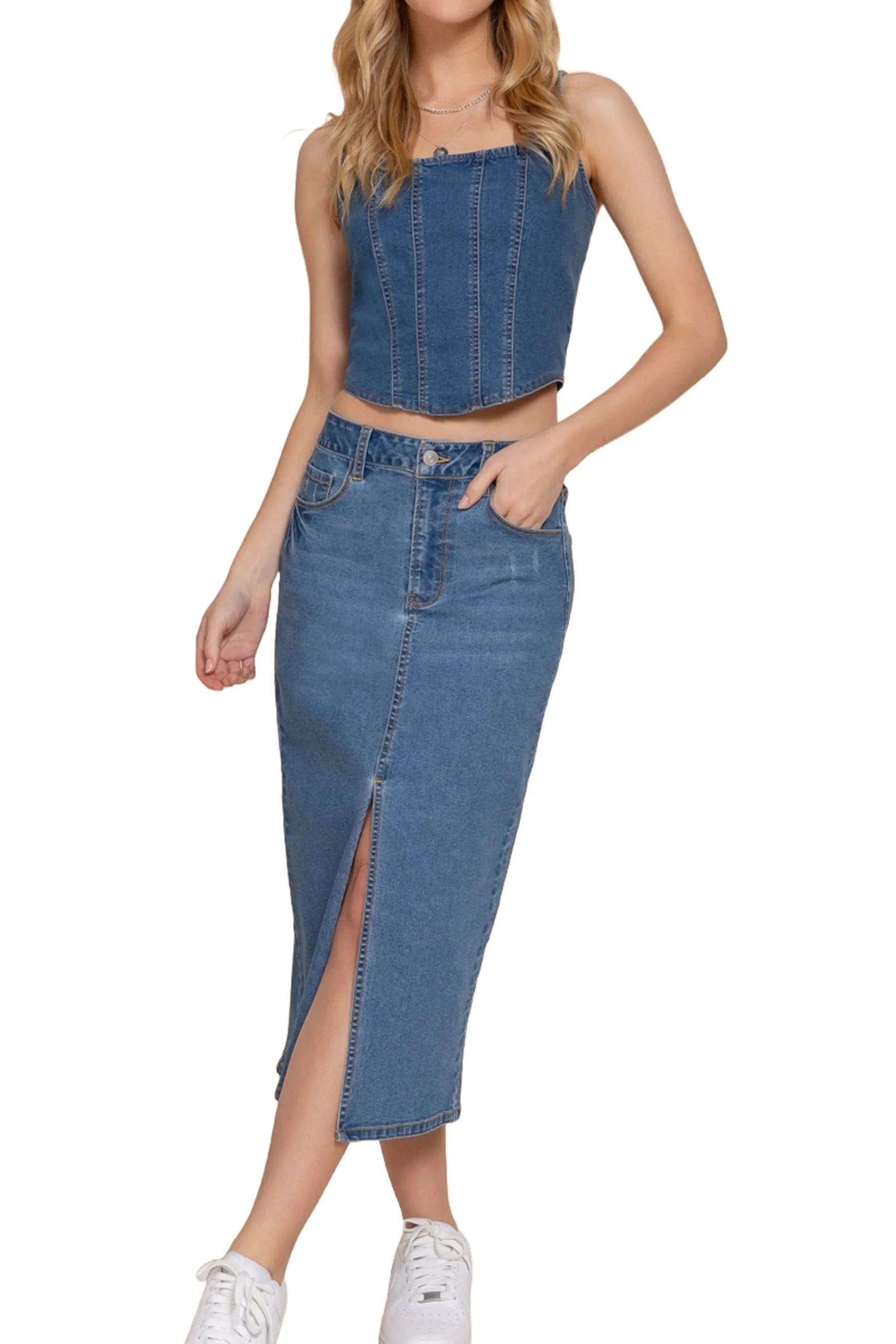 Women's Midi Denim Skirt with Front Middle Slit - Chic and Versatile