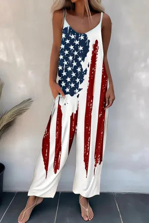 Women's Stars and Stripes Print Wide Leg Spaghetti Straps Jumpsuit