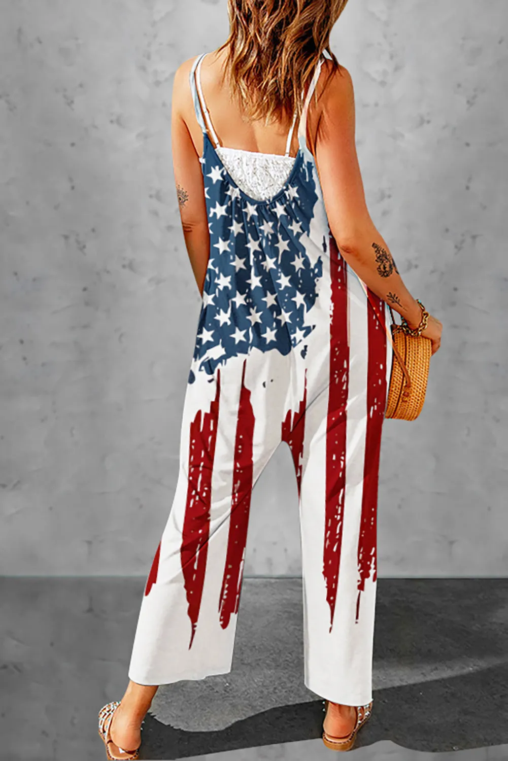 Women's Stars and Stripes Print Wide Leg Spaghetti Straps Jumpsuit